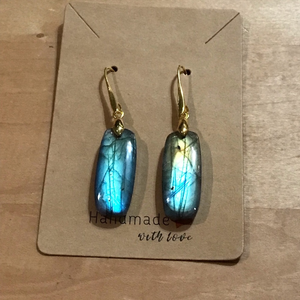 Handmade Gorgeous Flashy Bright Blue & Gold Labradorite Dangle Earrings